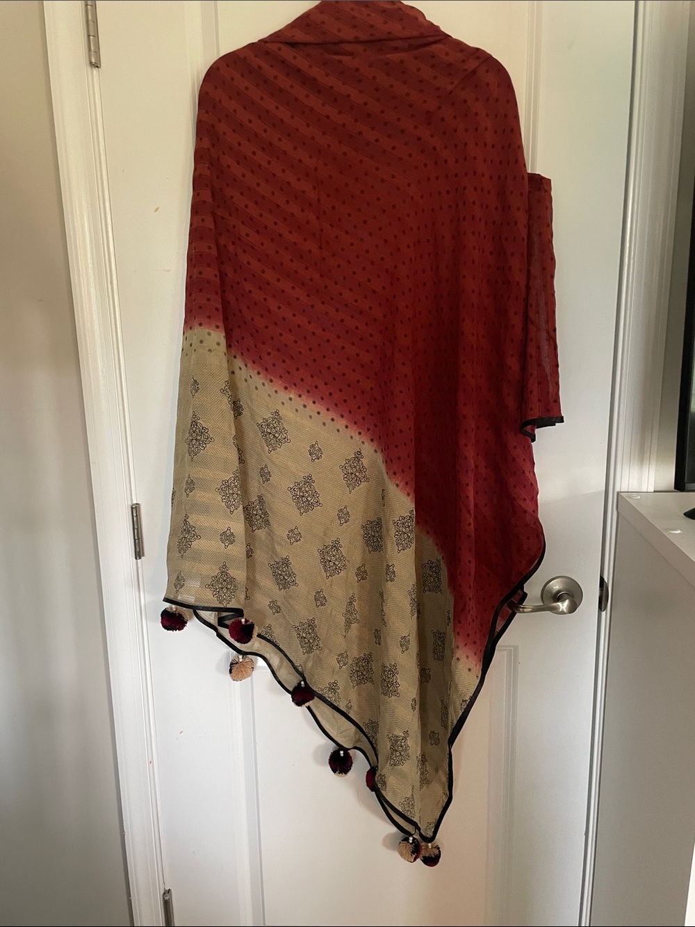 106” Red and Beige Printed Shawl with Pom Trim